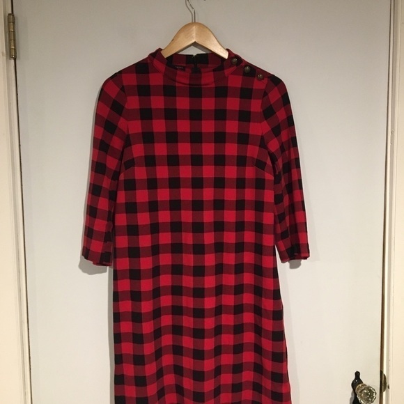 TALBOTS BUFFALO PLAID MOCK NECK KNIT COTTON SHIFT DRESS SZ MP - Picture 2 of 9